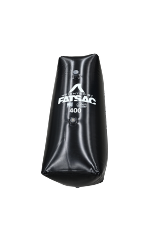Front view of black V-drive Surf Sac 400 lbs. showing three valves and printed branding.