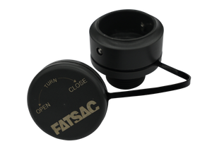 Female Quick Connect W730, cap open, chain attached, Open/Close instructions included.