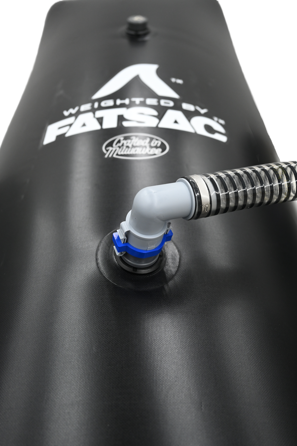 Close-up of the Flow-Rite dual 1-1/8 elbow quick connect socket attached to a FatSac bag.