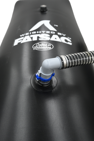 Close-up of the Flow-Rite dual 1-1/8 elbow quick connect socket attached to a FatSac bag.