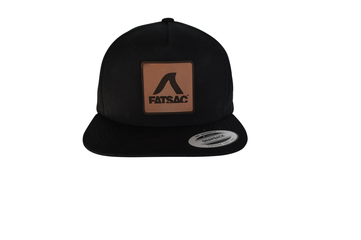 Black FatSac Snap Back with leather patch on front (W966-BLACK).