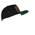 Black FatSac Snap Back with leather patch and green underside.