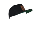 Black FatSac Snap Back with leather patch and green underside.