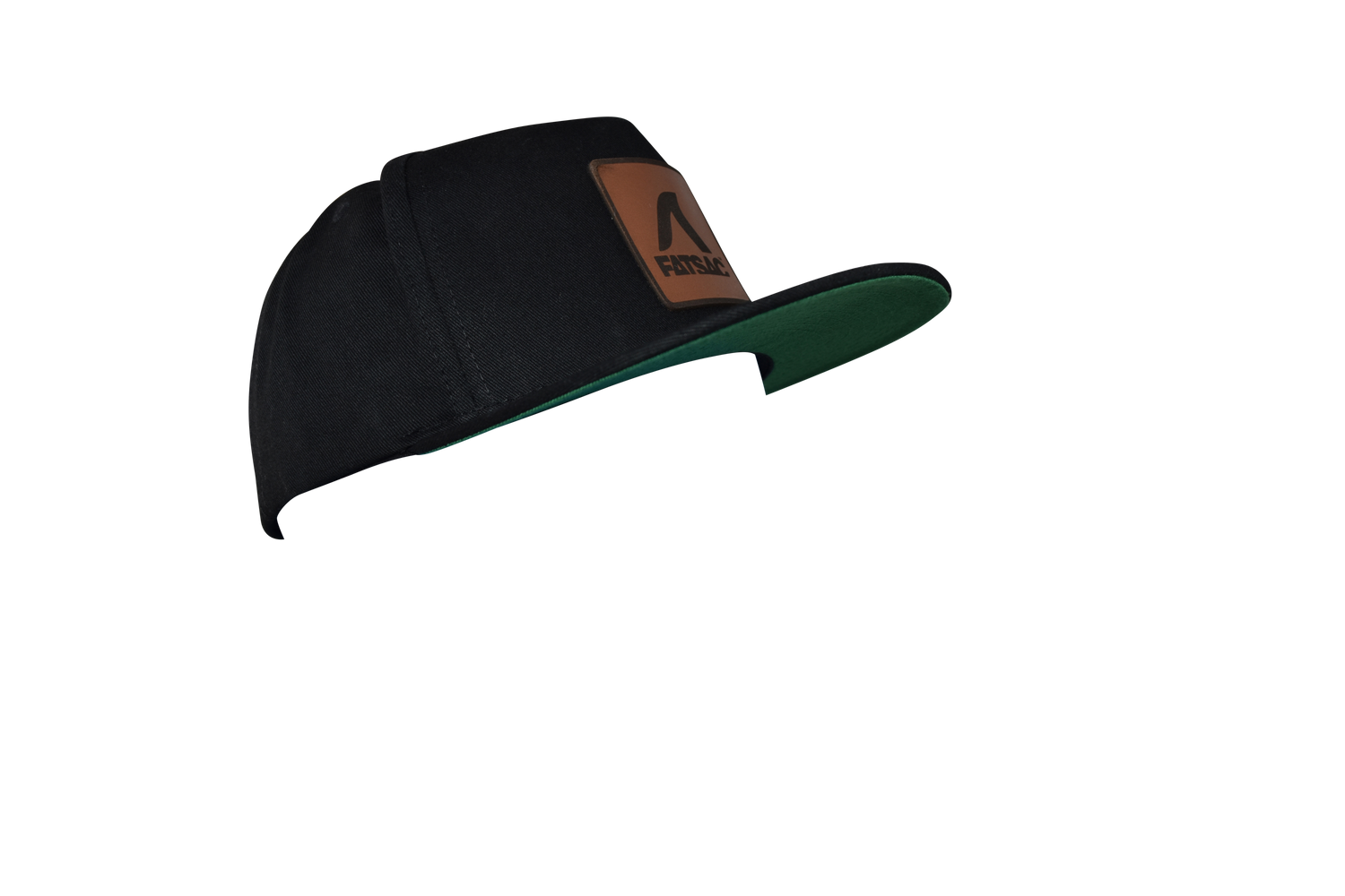 Black FatSac Snap Back with leather patch and green underside.