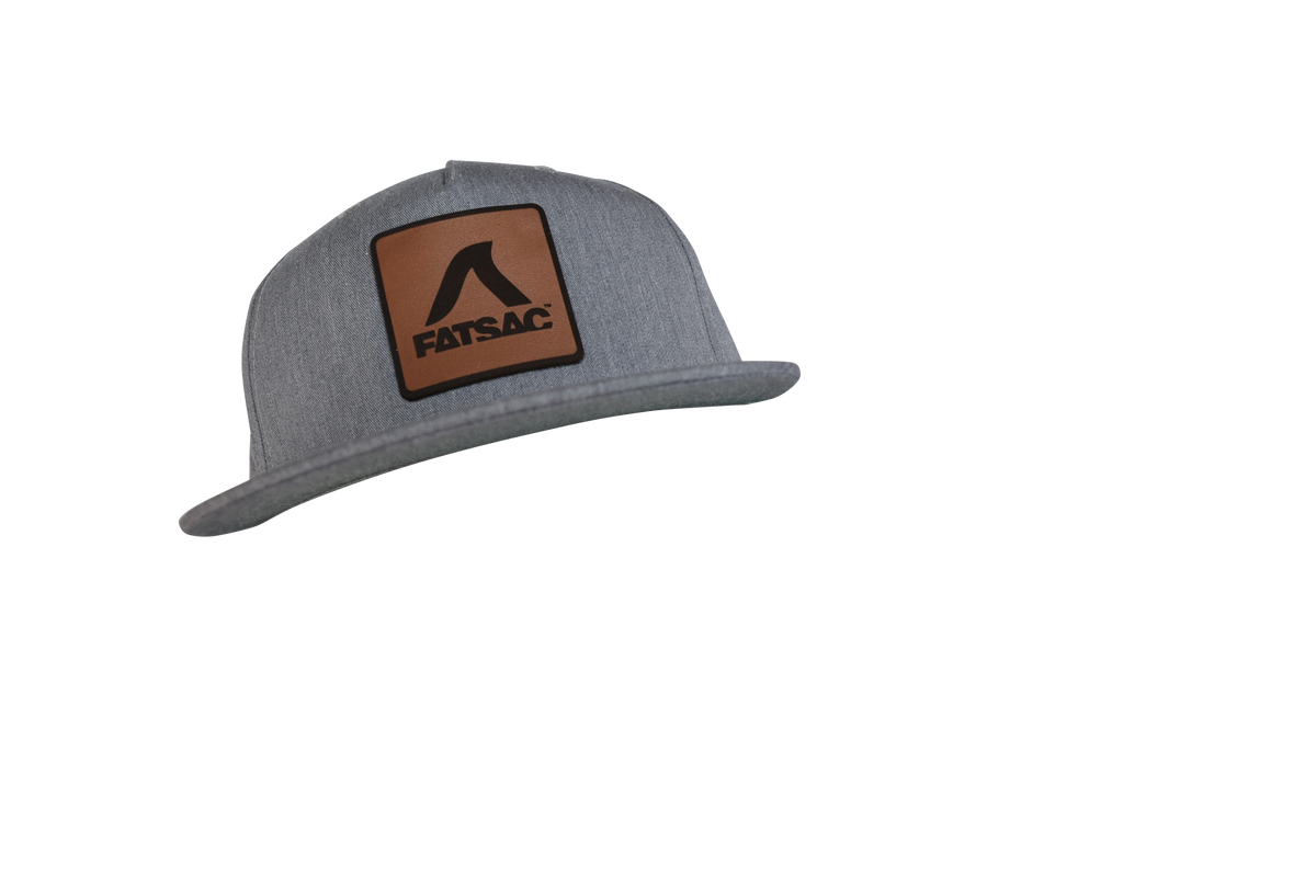 Gray FatSac Snap Back with leather patch on the front.