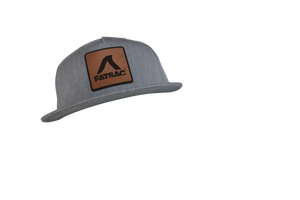 Gray FatSac Snap Back with leather patch on the front.