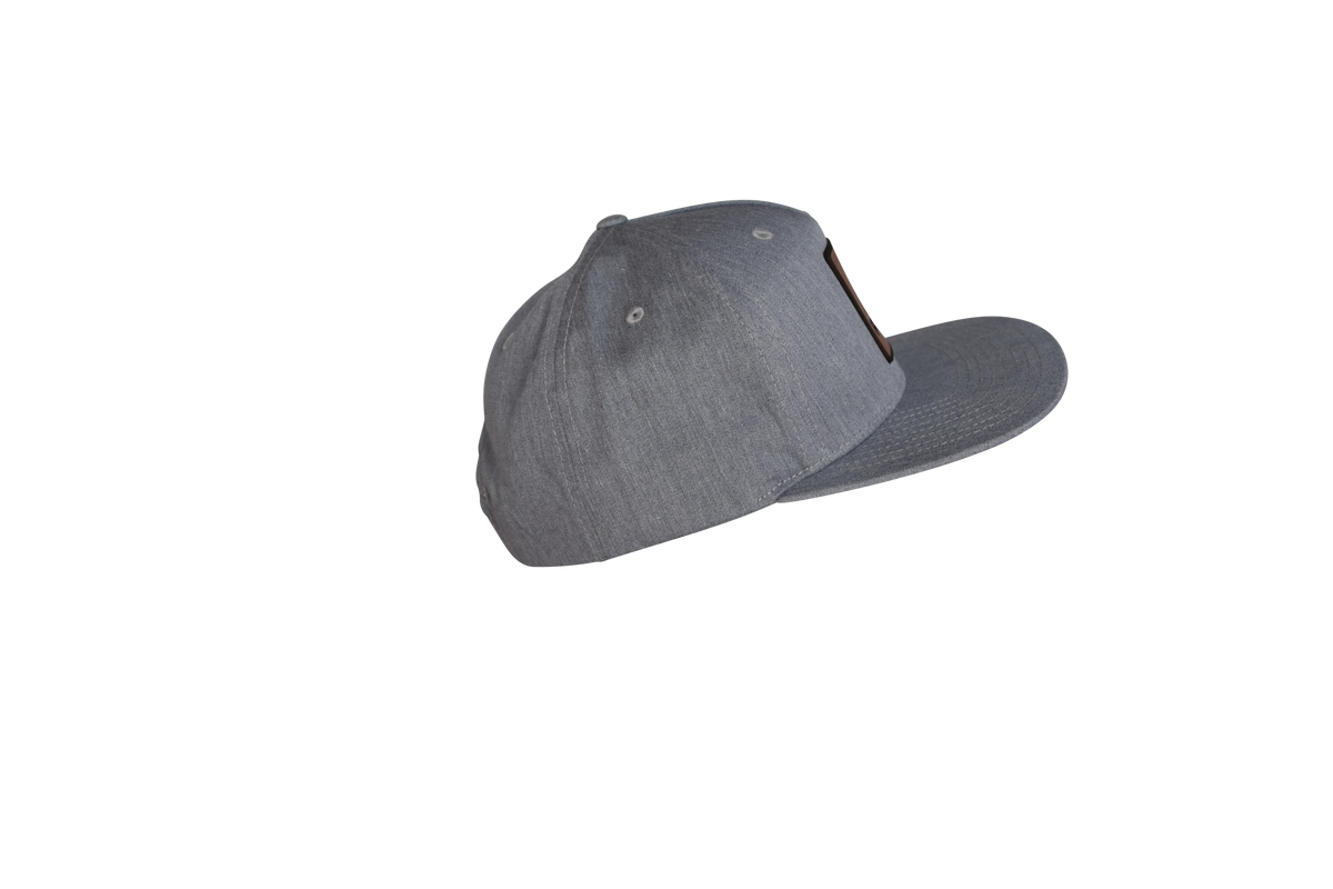 Gray FatSac Snap Back (W966-GRAY) with flat brim and leather patch, side angle.