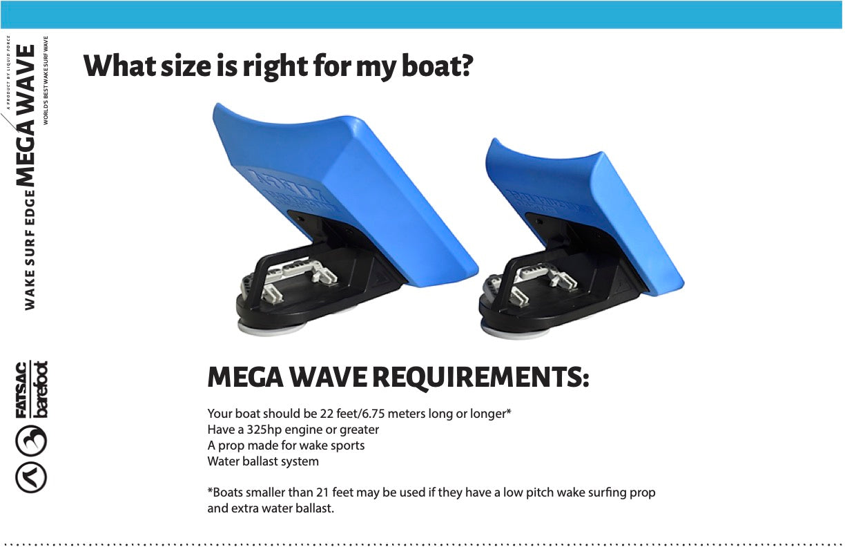 Two blue wake surf edge devices for boats with text about size requirements.