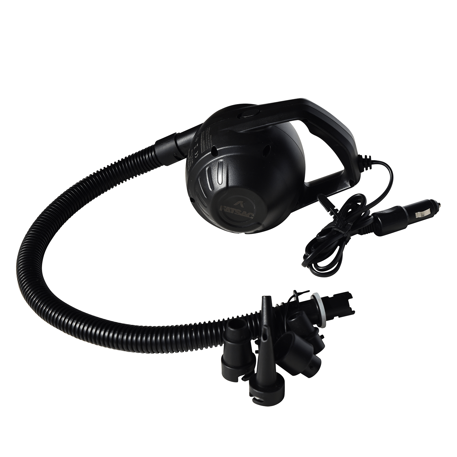 Fatsac heavy-duty black air pump with hose, nozzles, and car adapter plug.