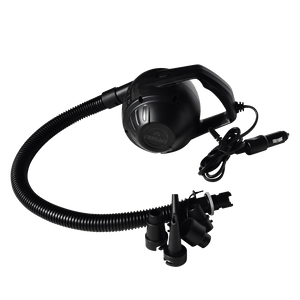 Fatsac heavy-duty black air pump with hose, nozzles, and car adapter plug.