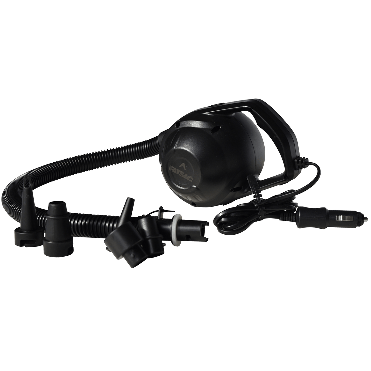 Fatsac black electric air pump with hose, nozzles, and Bungee Marine Cable.