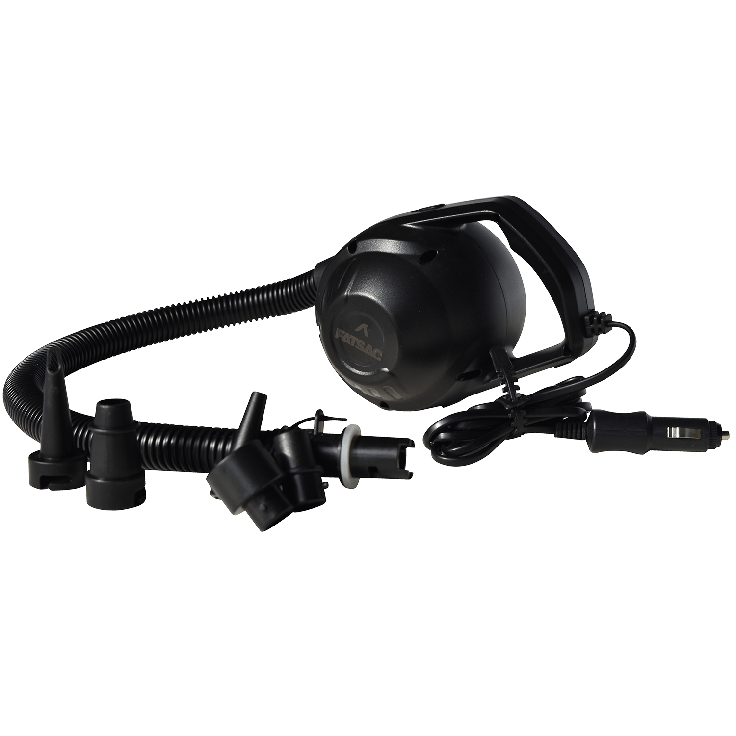 Fatsac black electric air pump with hose, nozzles, and Bungee Marine Cable.