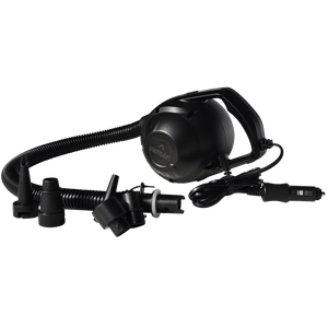 Fatsac black electric air pump with hose, nozzles, and Bungee Marine Cable.