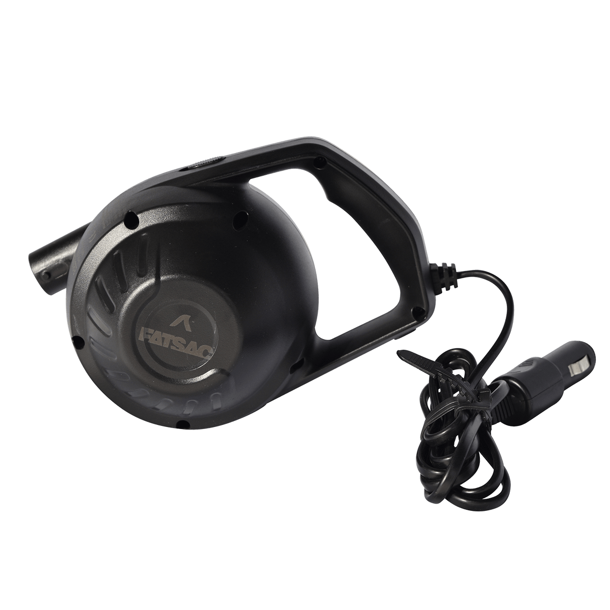 Fatsac portable marine air pump, black, with handle and car adapter plug.