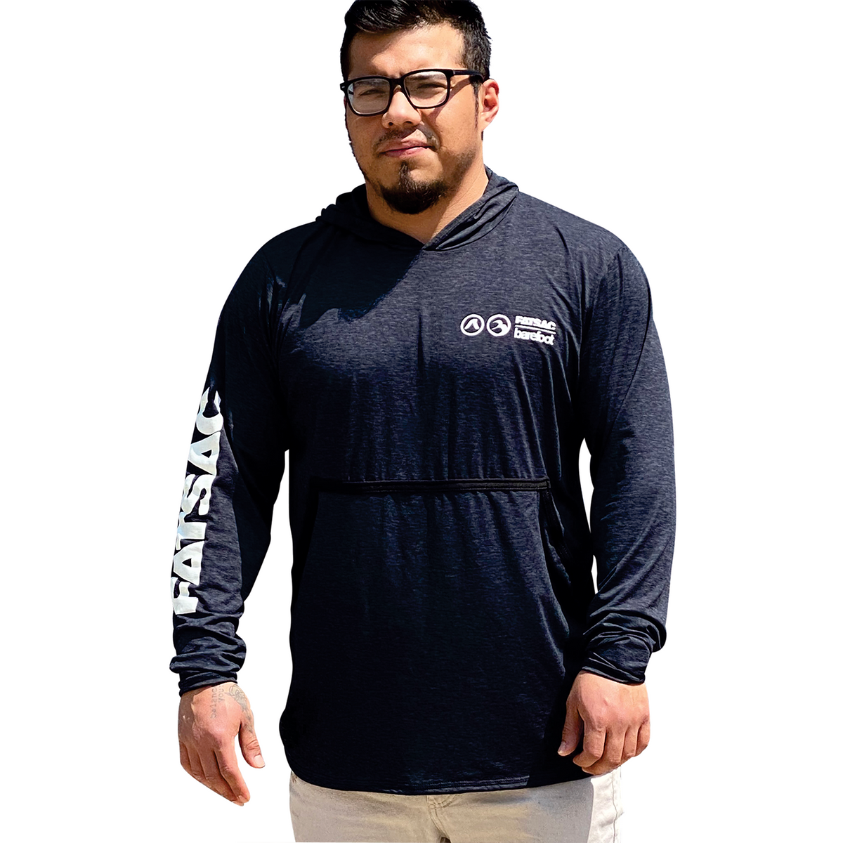 Man in glasses and dark hoodie with logos, layered over a Fatsac Sun Shirt (400-XX).