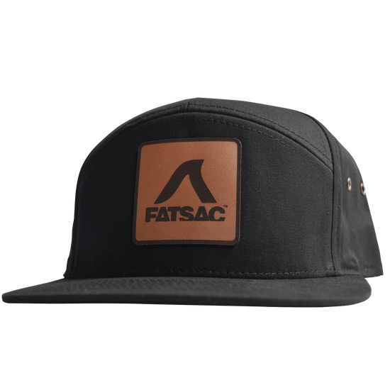 FatSac Flat Brim Hat (W965), black, 5 panel, brown logo patch, adjustable leather strap.