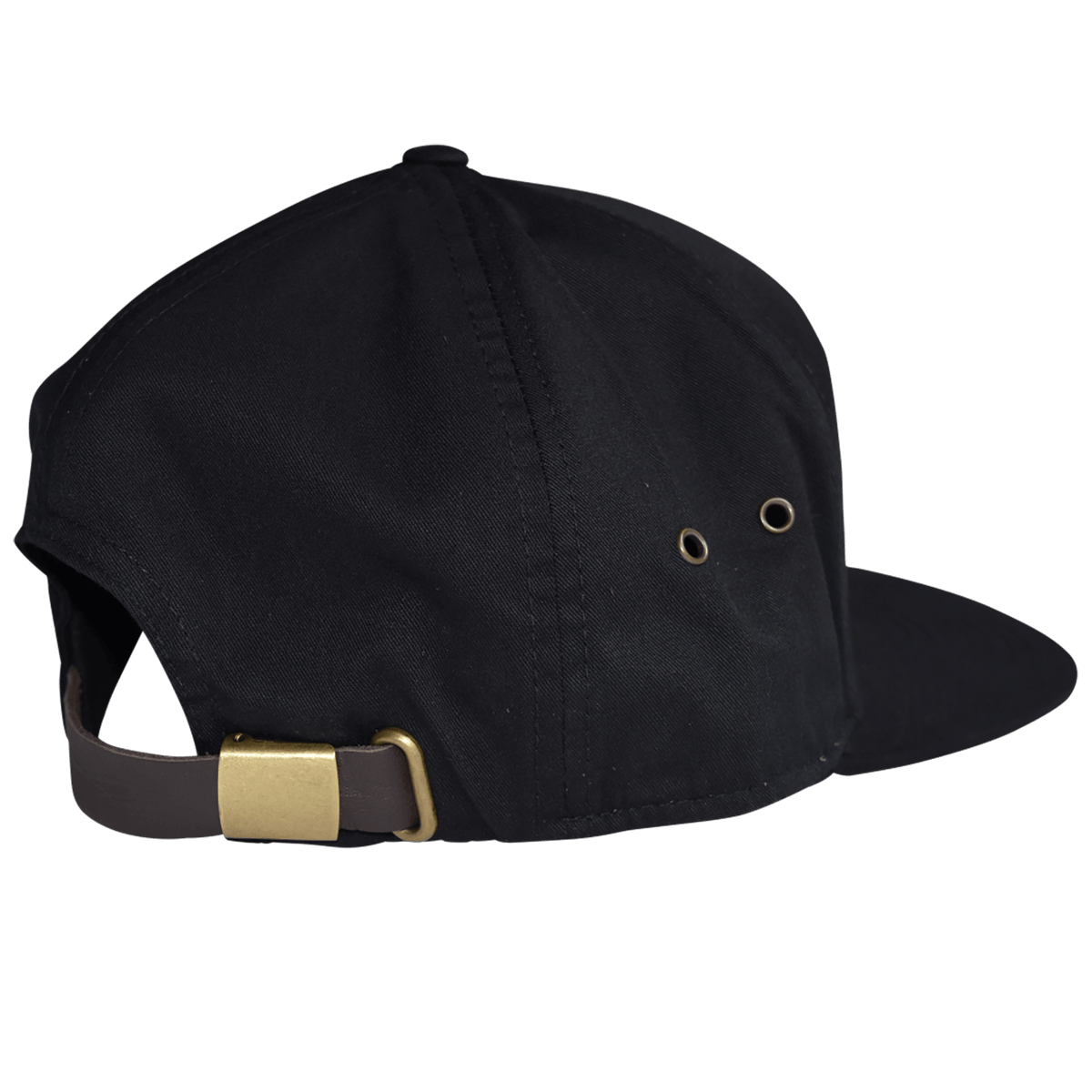 FatSac Flat Brim Hat (W965) with gold buckle and adjustable leather strap, side view.