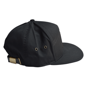 FatSac Flat Brim Hat (W965): 5-panel black hat with metallic eyelets and leather strap.
