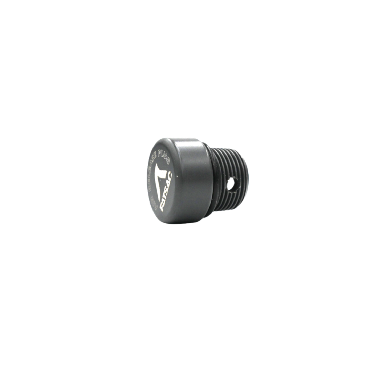 Angled view of the black FatSac Air Release Plug, a threaded plug with a vent hole.