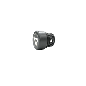 Angled view of the black FatSac Air Release Plug, a threaded plug with a vent hole.