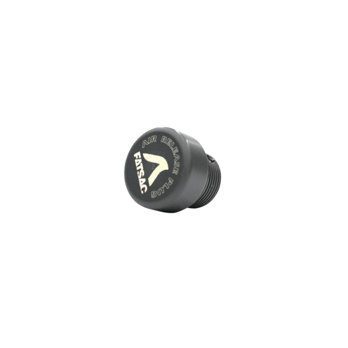 Front view of the black FatSac Air Release Plug with its labeled logo top.