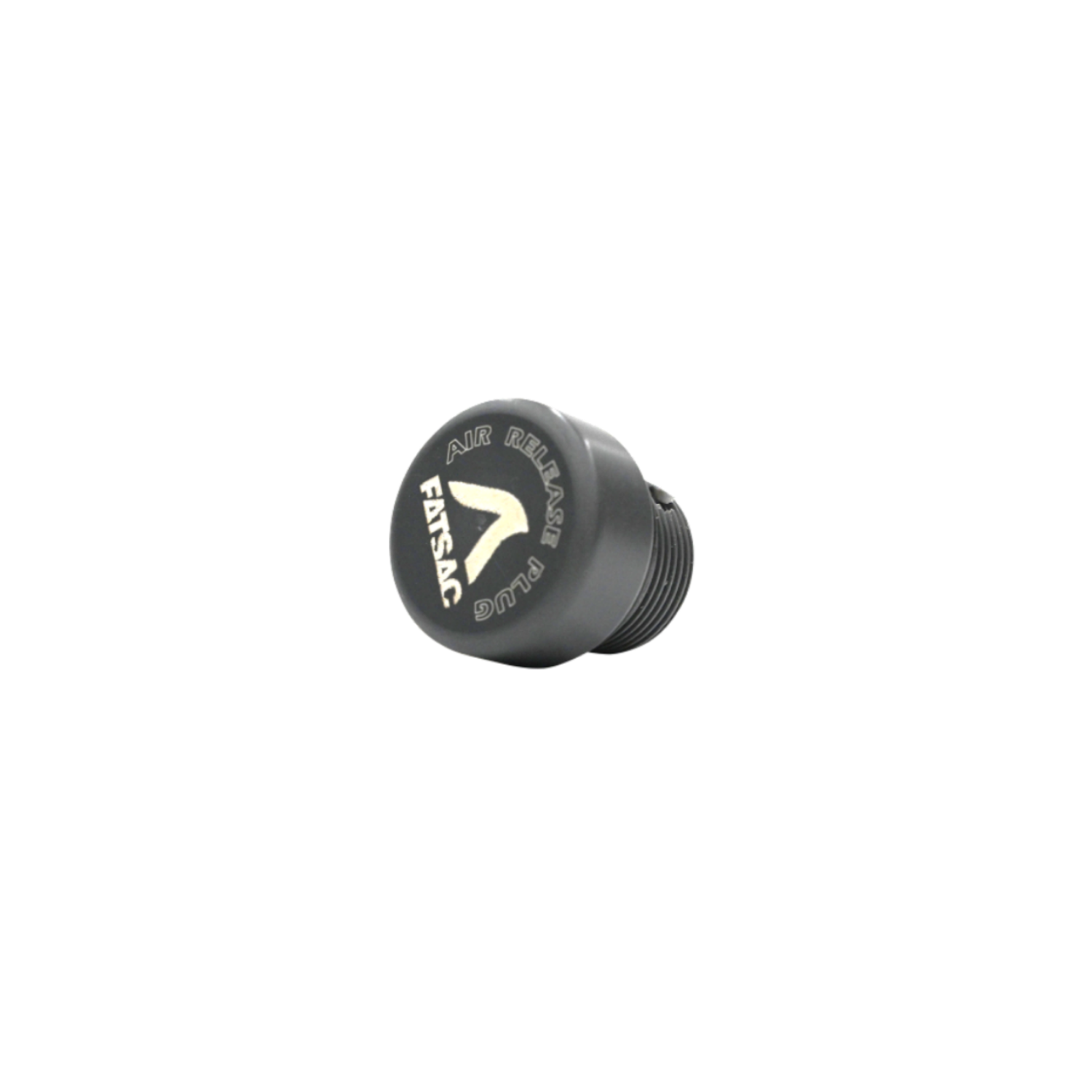 Front view of the black FatSac Air Release Plug with its labeled logo top.