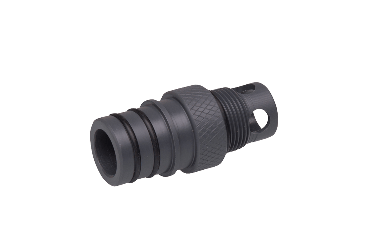 Black grooved cylinder with a 1 1/8in Sac Valve (W743-SS) at one end.