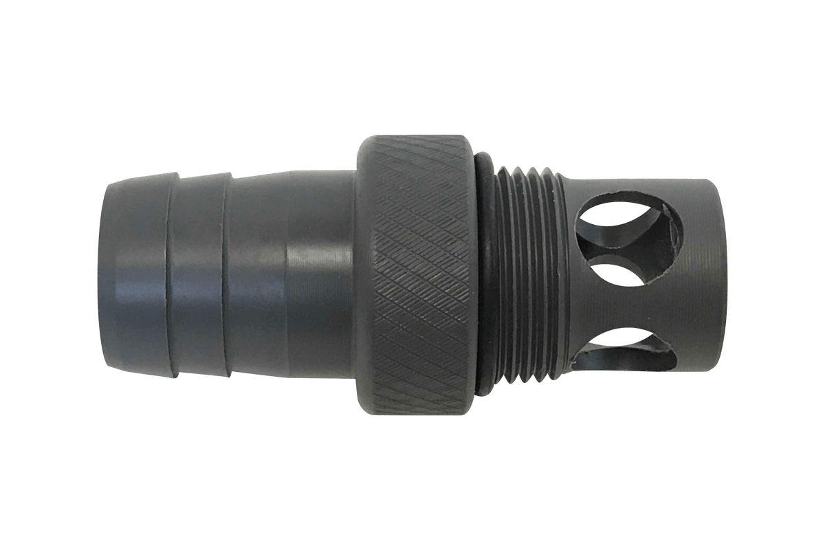 A black metal 1 barbed valve fitting with threads, W733-SS.