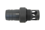 A black metal 1 barbed valve fitting with threads, W733-SS.