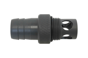 A black metal 1 barbed valve fitting with threads, W733-SS.
