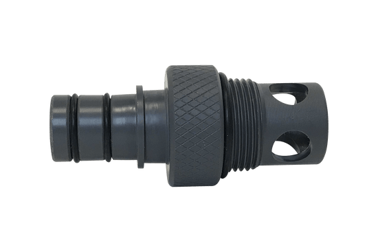 3/4 Quick Connect - Sac Valve Threads (W736-SS) with ribbed and threaded black plastic connector.