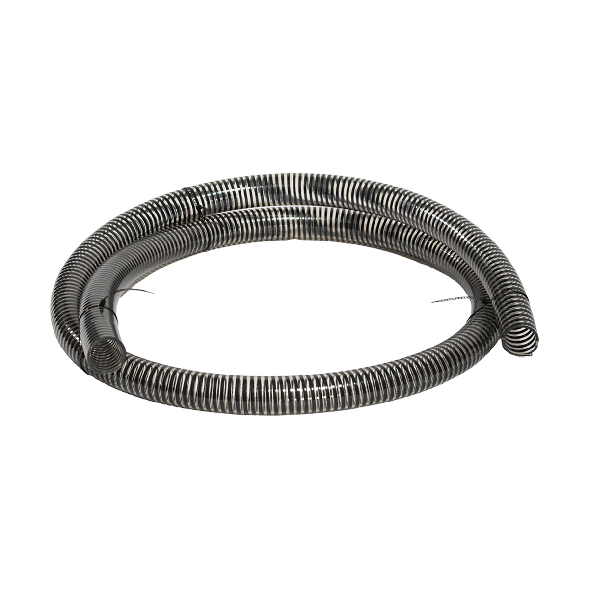 1-1/2 ID Clear Helical Pump Hose lying flat on white background.