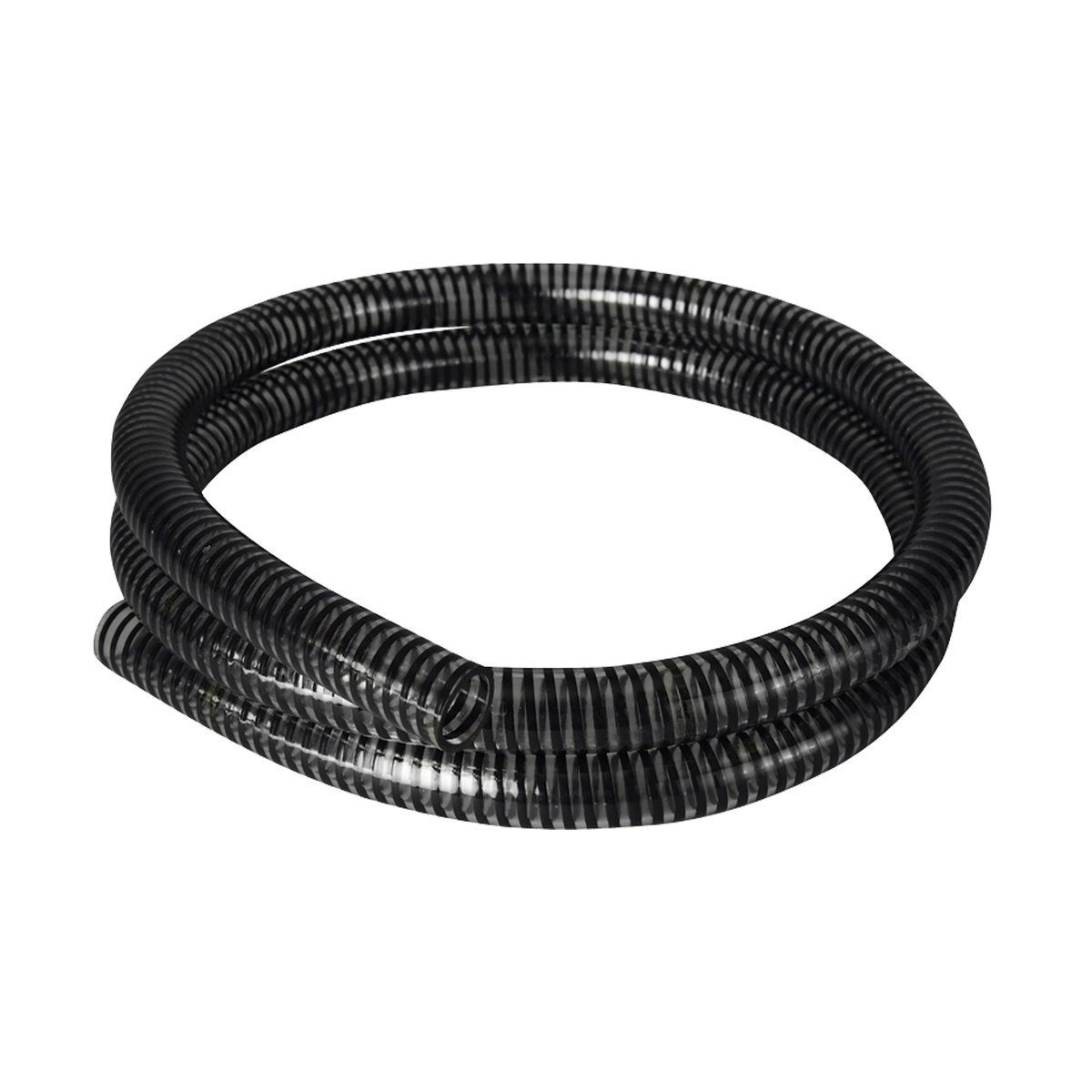Helical pump hose, kink-proof black tubing, isolated on white.