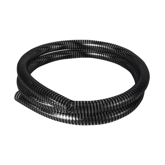 Helical pump hose, kink-proof black tubing, isolated on white.