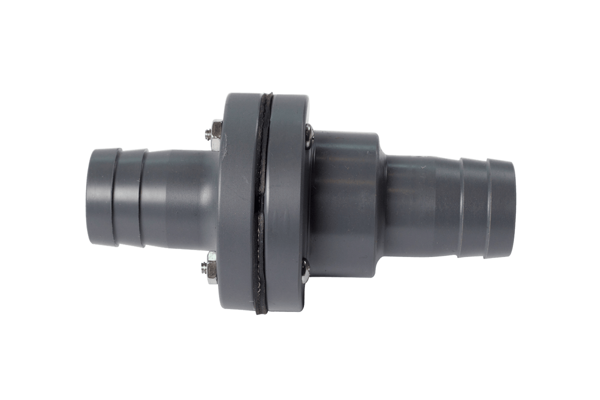 1 1/8 Barbed In-line Check Valve (W755) with bolts and FatSac fittings.