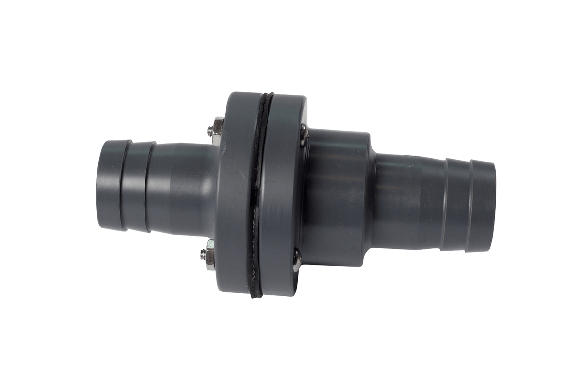 1 Barbed In-line Check Valve (W753), gray with ribbed connectors, metal bolts, and FatSac fittings.