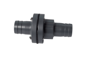 1 Barbed In-line Check Valve (W753), gray with ribbed connectors, metal bolts, and FatSac fittings.
