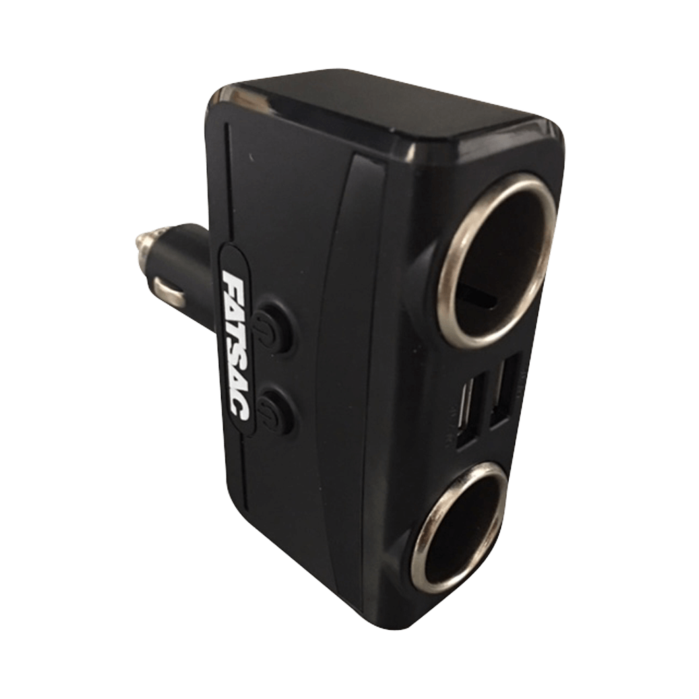 Dual Socket (S1005): Black charger with dual-USB ports & socket splitter.
