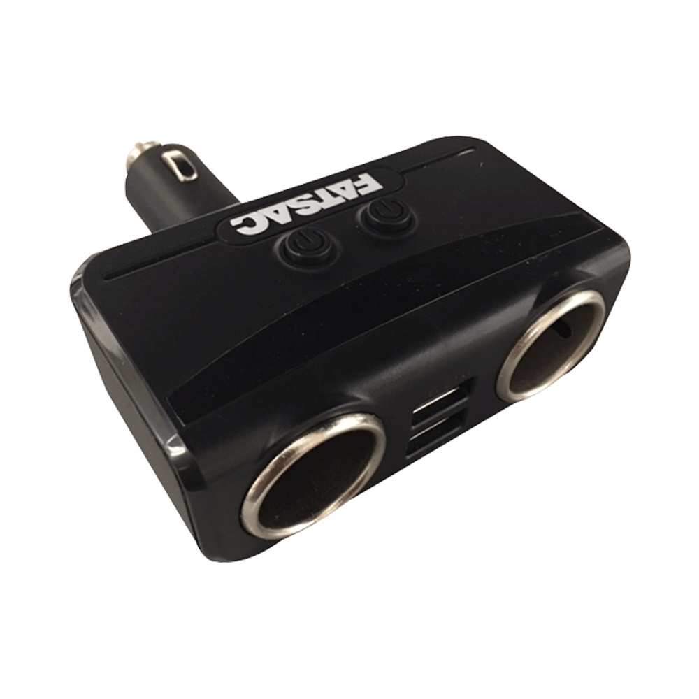 Dual Socket (S1005): Black car charger with dual-USB port and socket splitter.