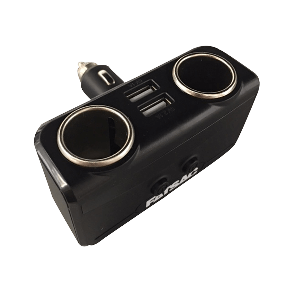 Dual Socket (S1005) black car charger has a dual-USB port for two devices.