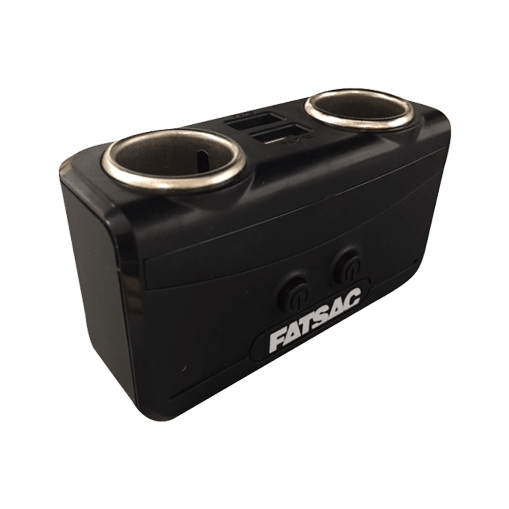 Black Dual Socket (S1005) USB car charger with socket splitter and circular ports.