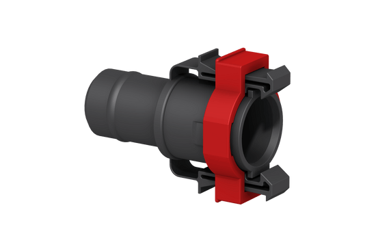 A Flow-Rite 3/4 Straight Quick Connect Socket (W740) with red clip and black cylinder design.