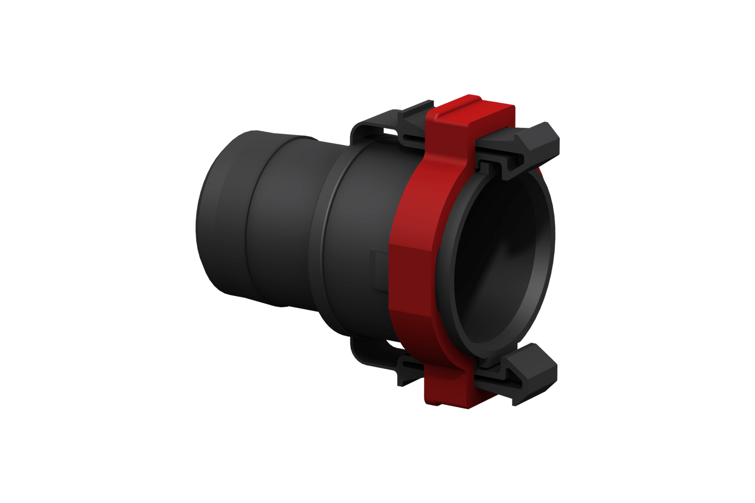 3D rendering of a Flow-Rite 1-1/8 Straight Quick Connect Socket (W741) with red lock.