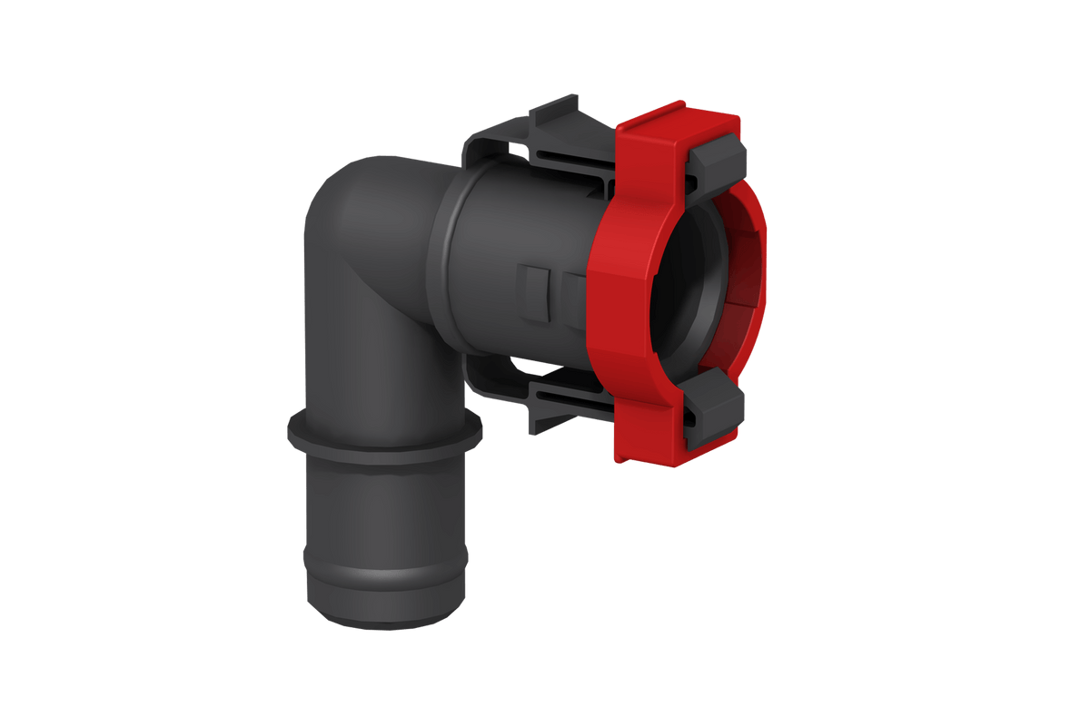 3D rendering of Flow-Rite 3/4 Elbow Quick Connect Socket with a red clamp.