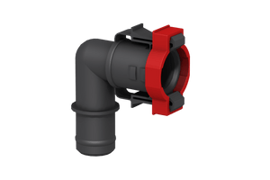 3D rendering of Flow-Rite 3/4 Elbow Quick Connect Socket with a red clamp.