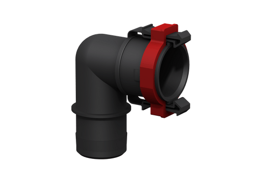 Black and red Flow-Rite 1-1/8 elbow quick connect socket for OEM ballast hoses.