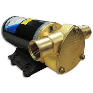 Brass Jabsco King Pump (W610-KING) with black casing and bracket on white background.