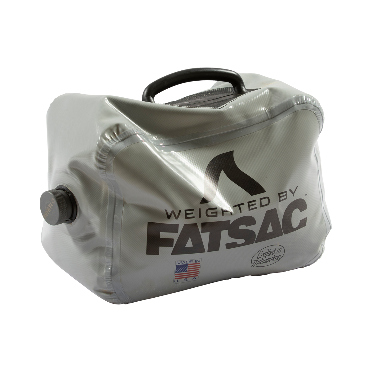 A gray FatSac Fillable Weight Bag (M1040) with handle and nozzle for wake surfing.
