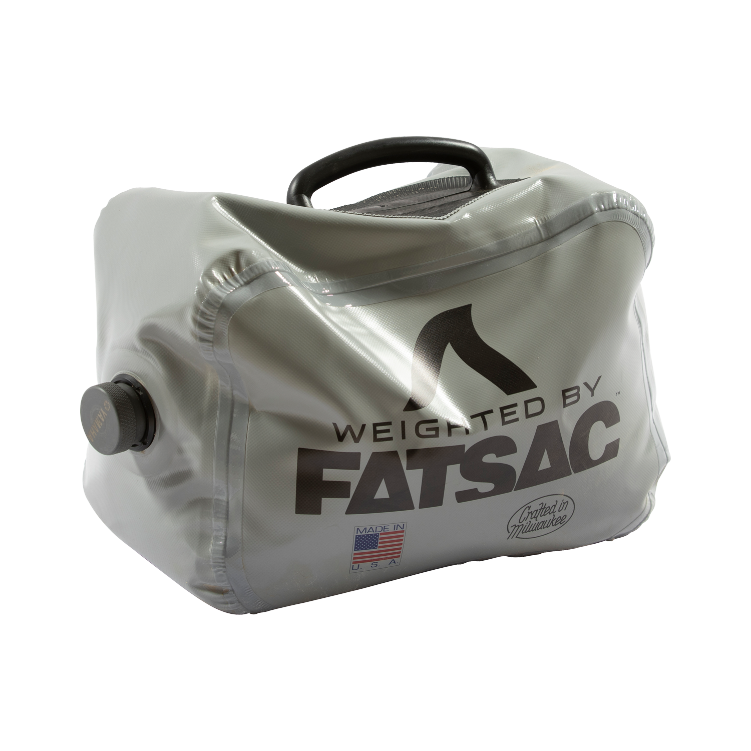 A gray FatSac Fillable Weight Bag (M1040) with handle and nozzle for wake surfing.
