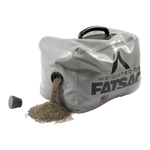 Gray FatSac M1040 bag with sand pouring out, cap removed.